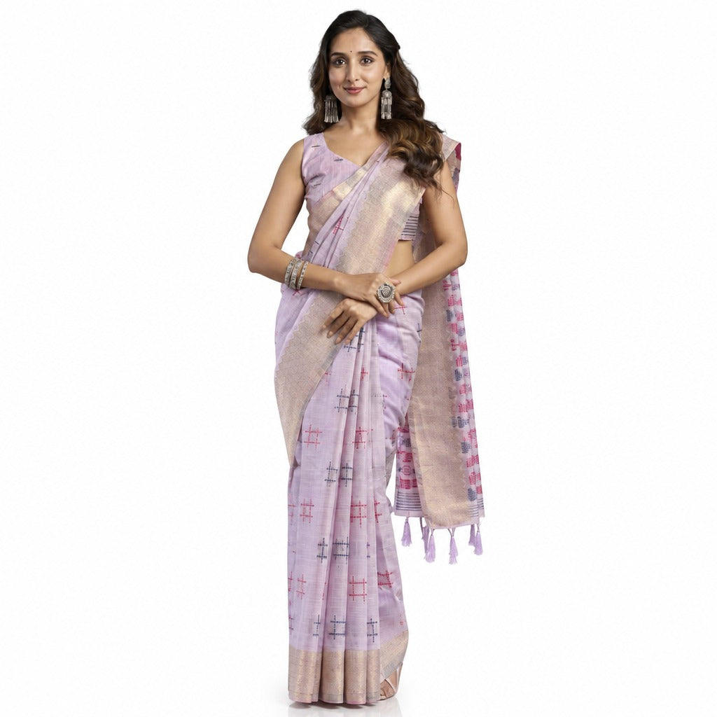 Woman wearing a light purple saree with a white background
